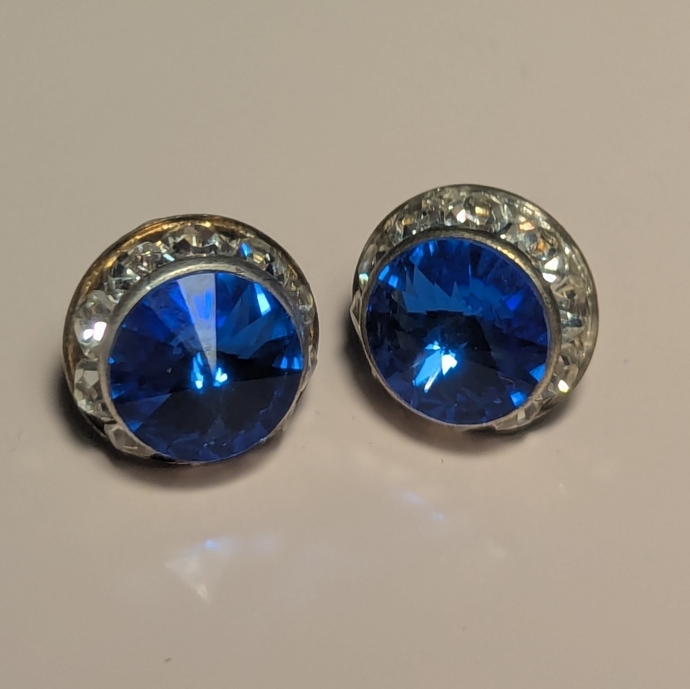 💙 Bling Blue Crystal Clear Rhinestones Silvertone Pierced Earrings Prom Wedding